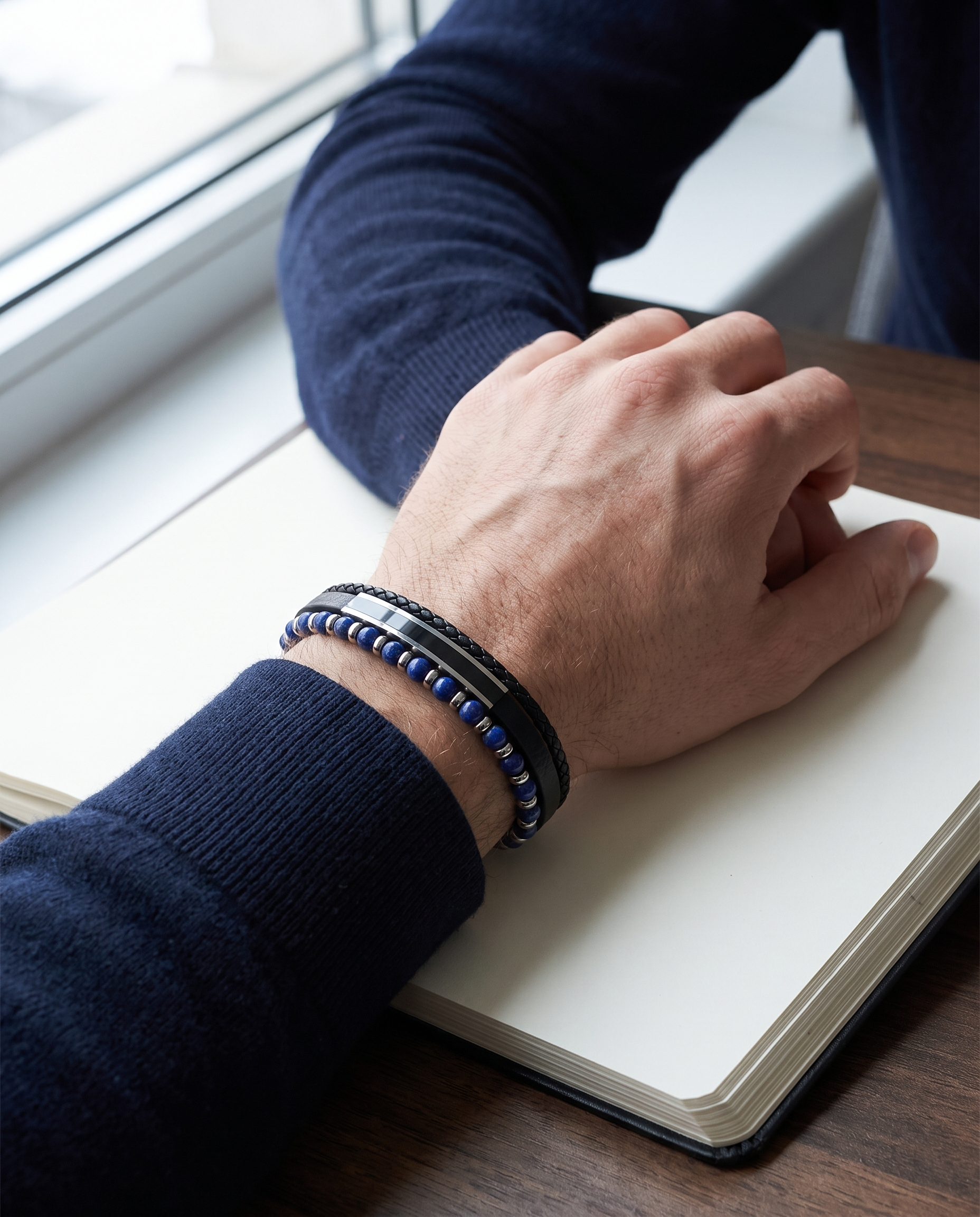 Man wearing the Sarveni Azur leather and lapis lazuli bracelet